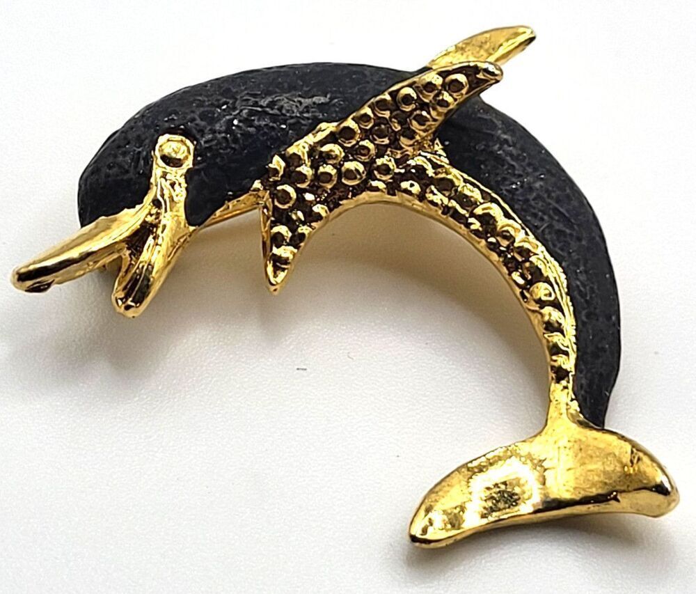Vintage 1980s Dolphin Black & Gold Tone Brooch Pin 2in